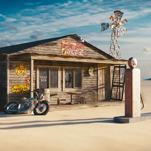 An abandoned gas station in the middle of nowhere.