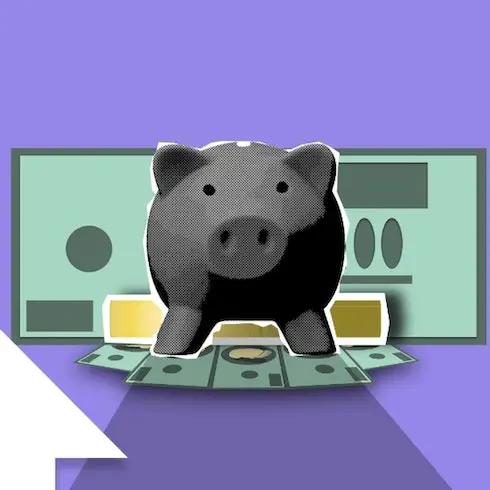 A piggy bank standing in front of money