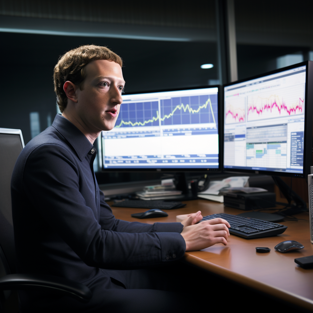 Zuckerberg in front of a computer screen looking at graphs