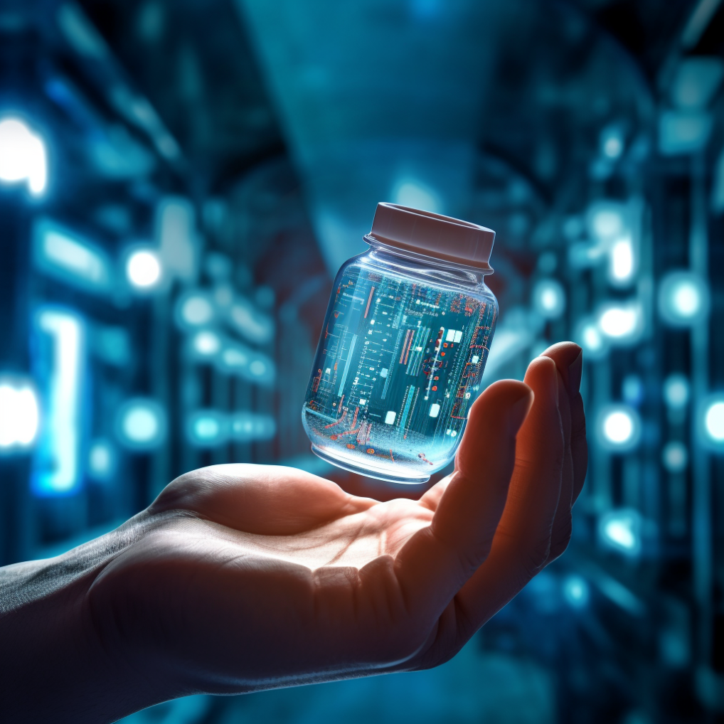 A hand holding a floating glass jar with data inside it.